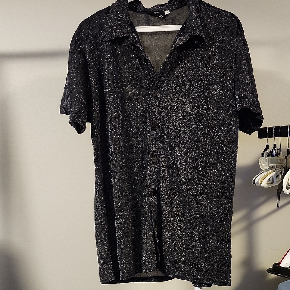 Charlie Lapson Black Shimmer Button Down Shirt Men’s Size L Sparkle Short Sleeve
